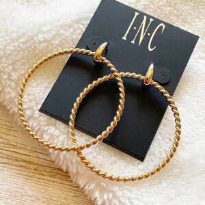 INC Oversized Round Drop Hoop Earrings Gold Tone Twisted New